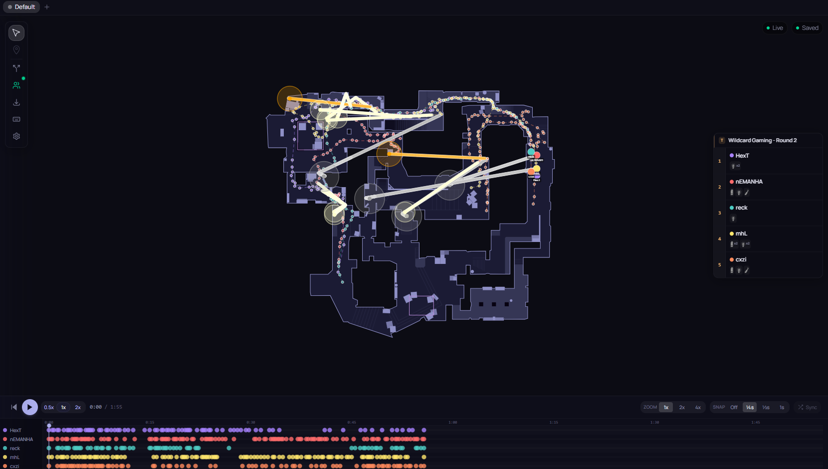 RoundIQ Strat Builder with positions and grenade paths on Mirage